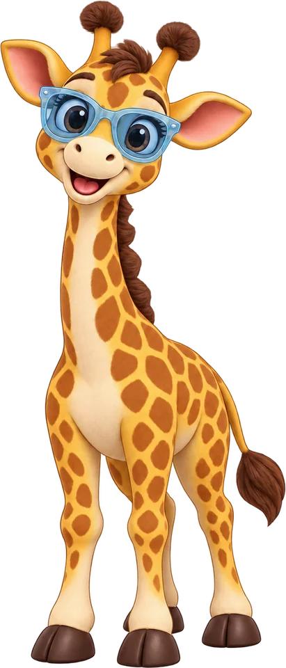 WaterGiraffe's giraffe mascot in glasses, standing tall at a waterhole