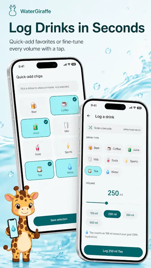 Quick-add drink chips and the log a drink screen